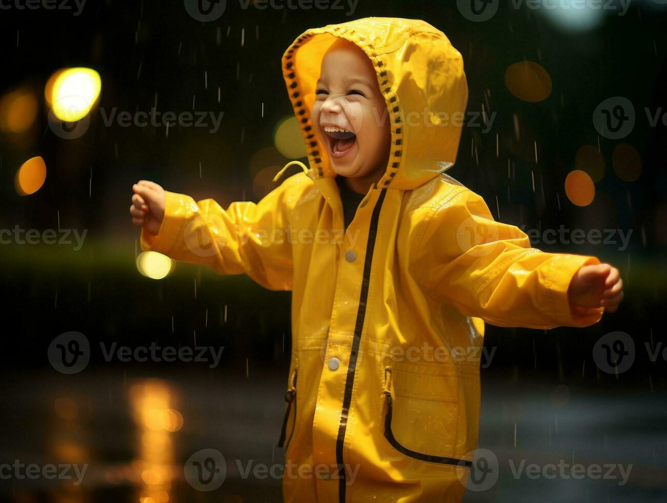 Carefree child joyfully dances in the refreshing rain AI Generative photo