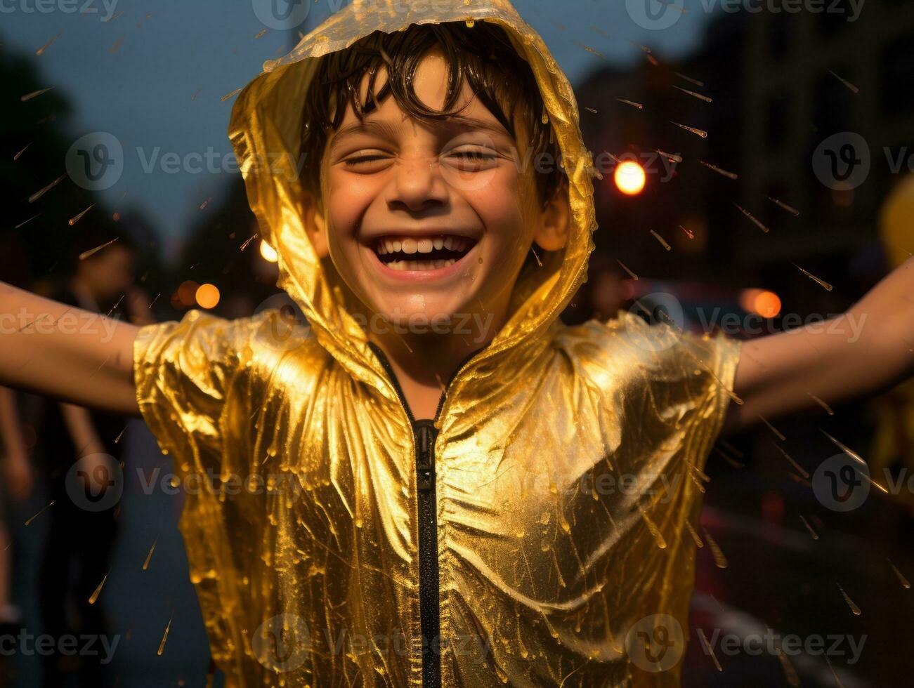 Carefree child joyfully dances in the refreshing rain AI Generative photo