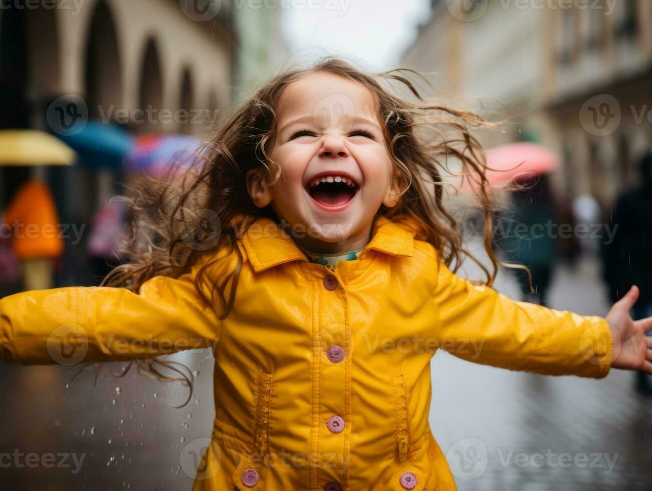 Carefree child joyfully dances in the refreshing rain AI Generative photo