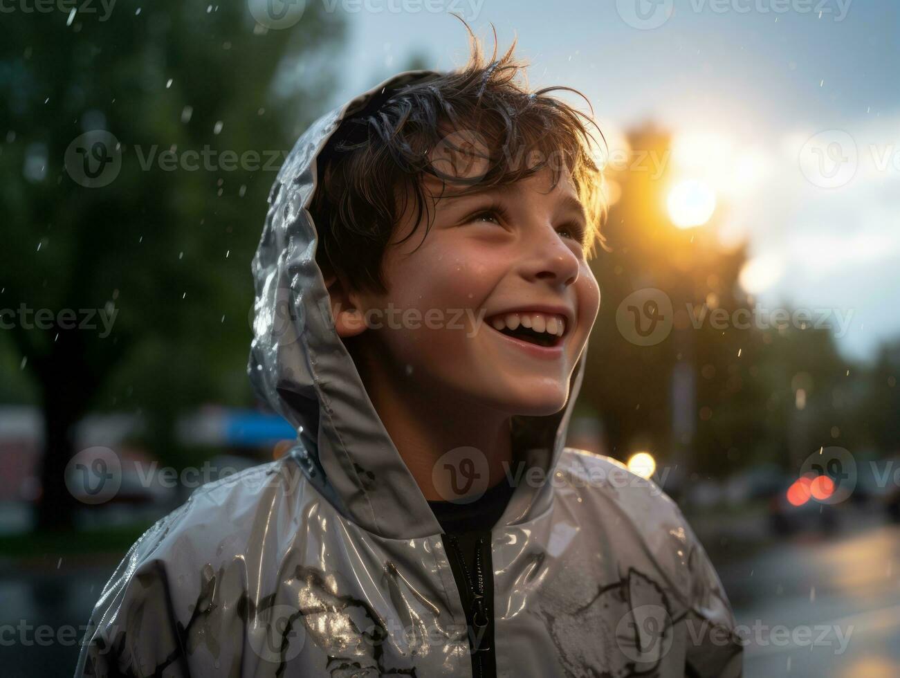 Carefree child joyfully dances in the refreshing rain AI Generative photo