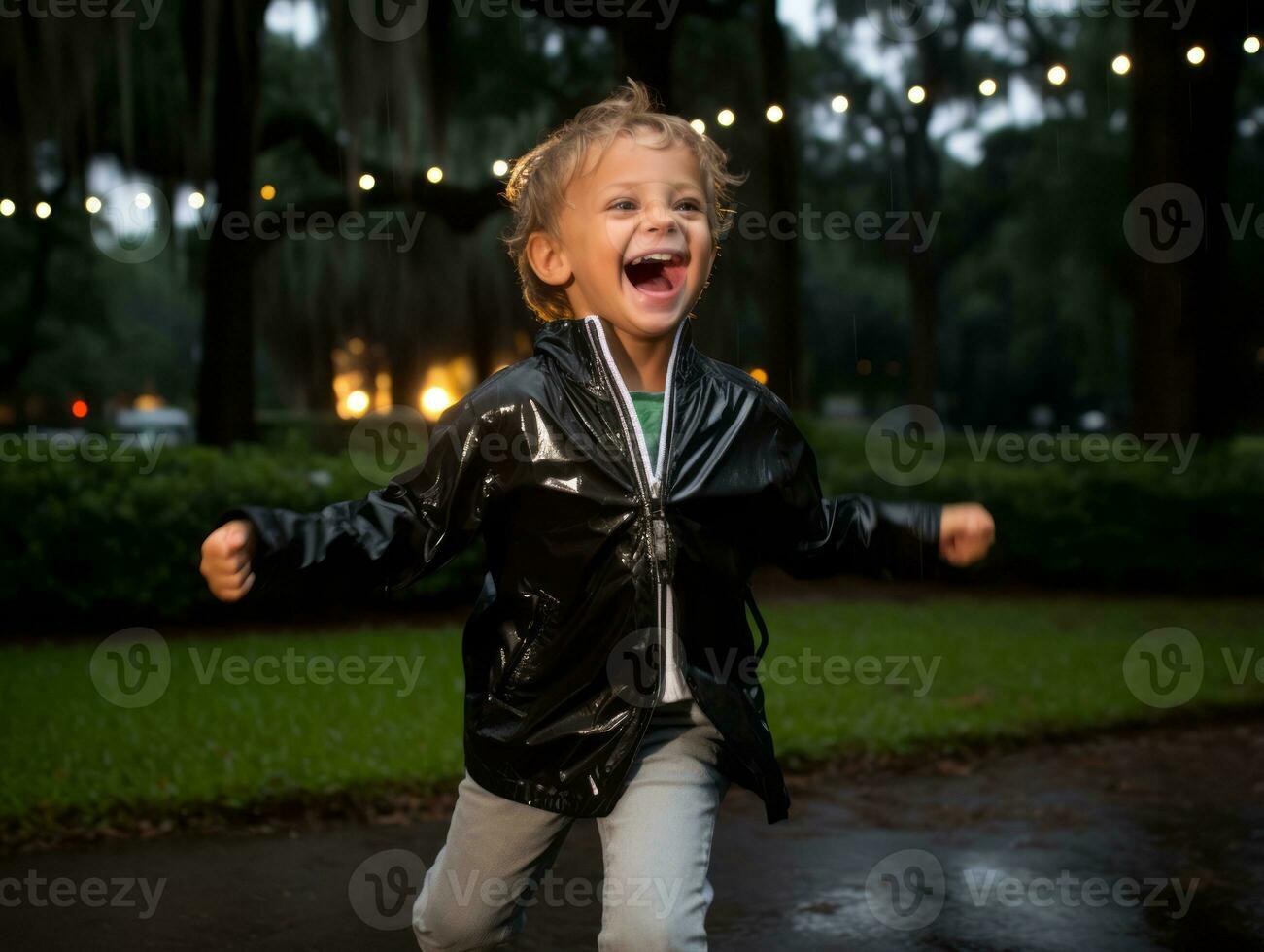 Carefree child joyfully dances in the refreshing rain AI Generative photo