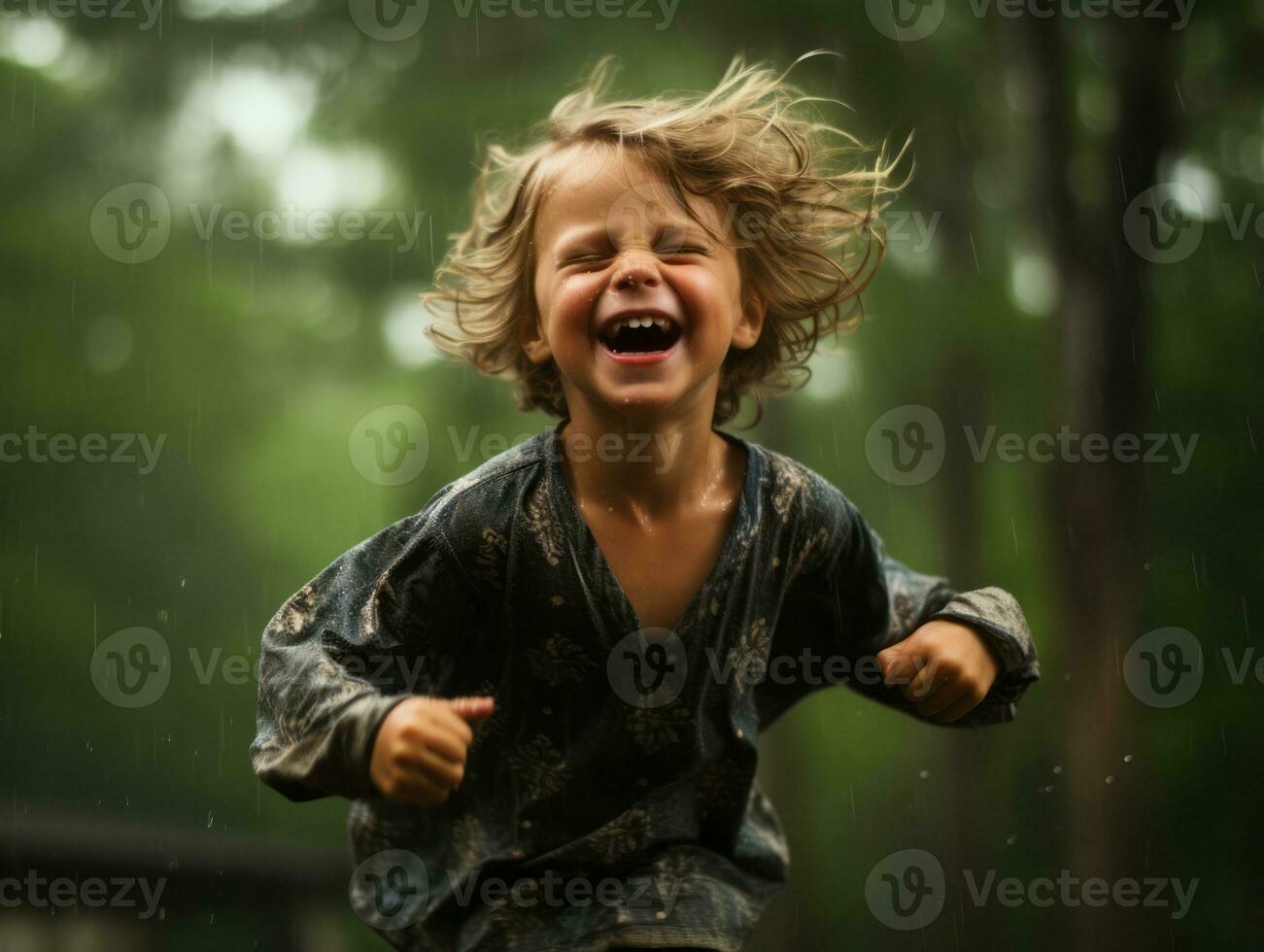Carefree child joyfully dances in the refreshing rain AI Generative photo