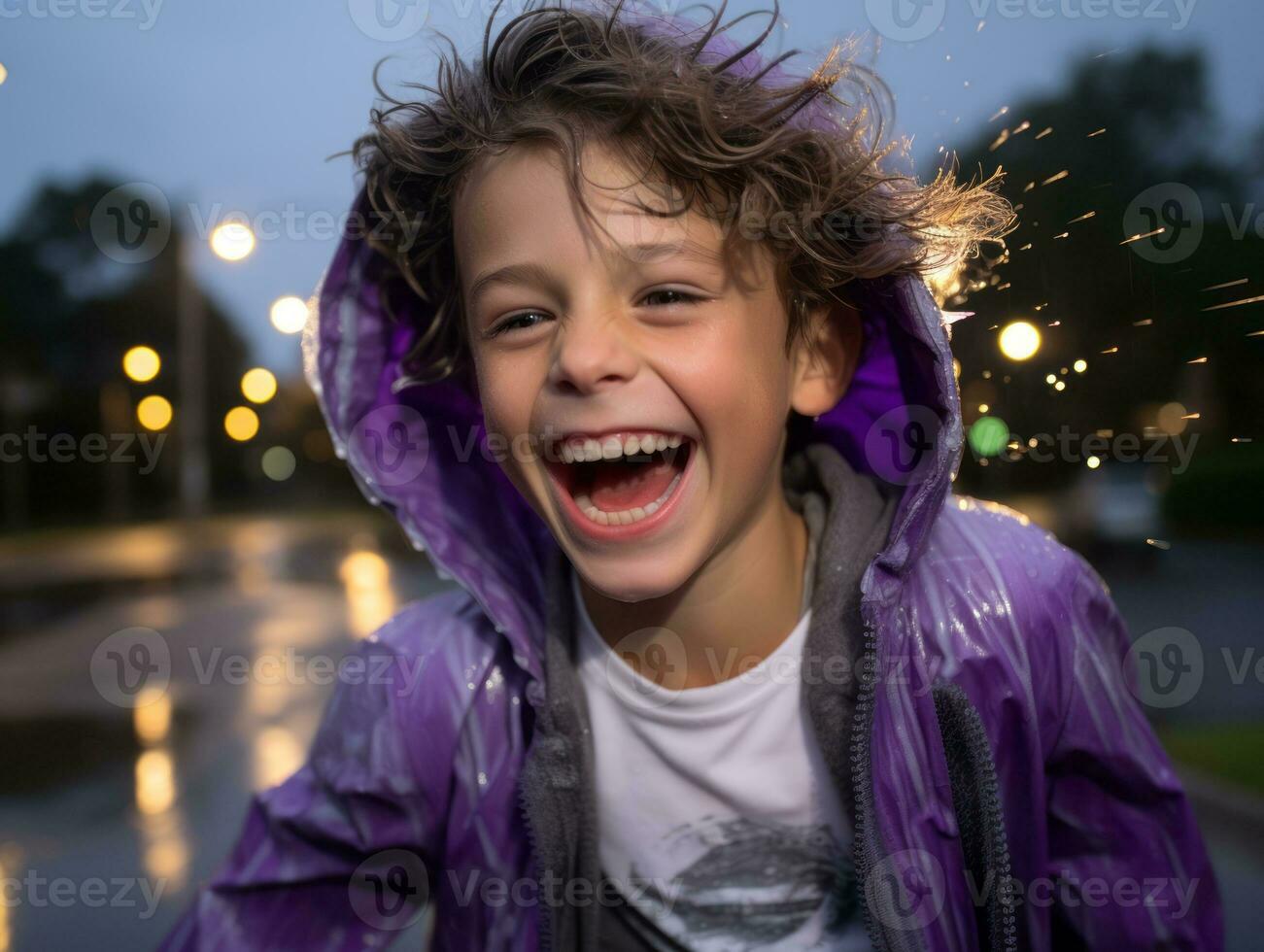 Carefree child joyfully dances in the refreshing rain AI Generative photo