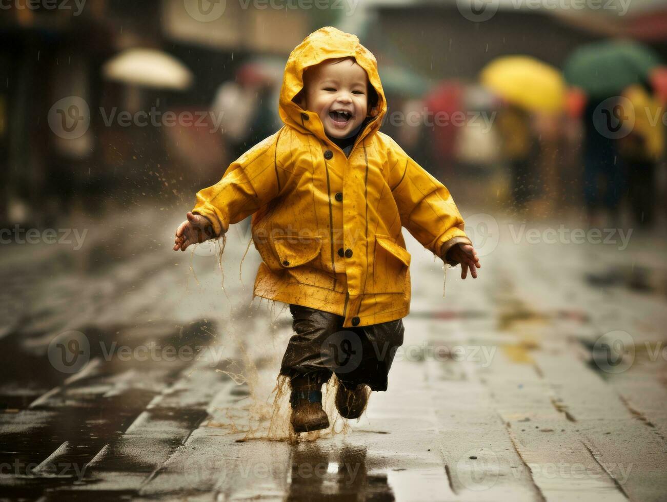 despreocupado niño alegremente bailes en el refrescante lluvia ai generativo foto
