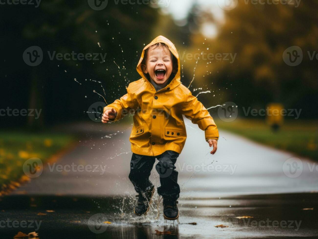 Carefree child joyfully dances in the refreshing rain AI Generative photo