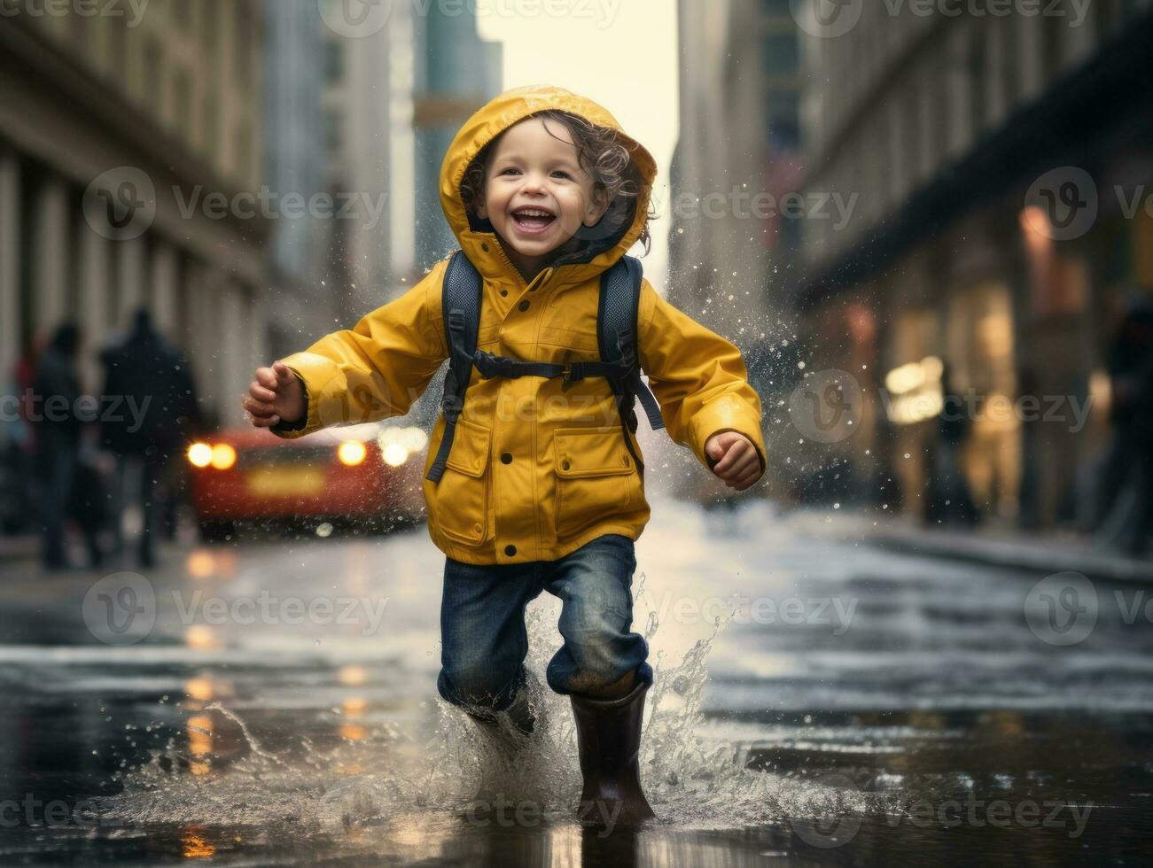 Carefree child joyfully dances in the refreshing rain AI Generative photo