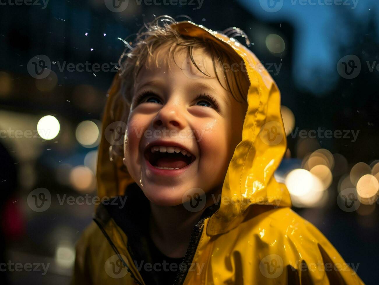Carefree child joyfully dances in the refreshing rain AI Generative photo