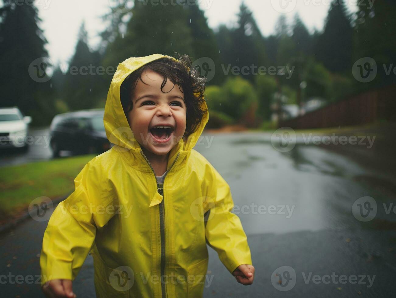 Carefree child joyfully dances in the refreshing rain AI Generative photo