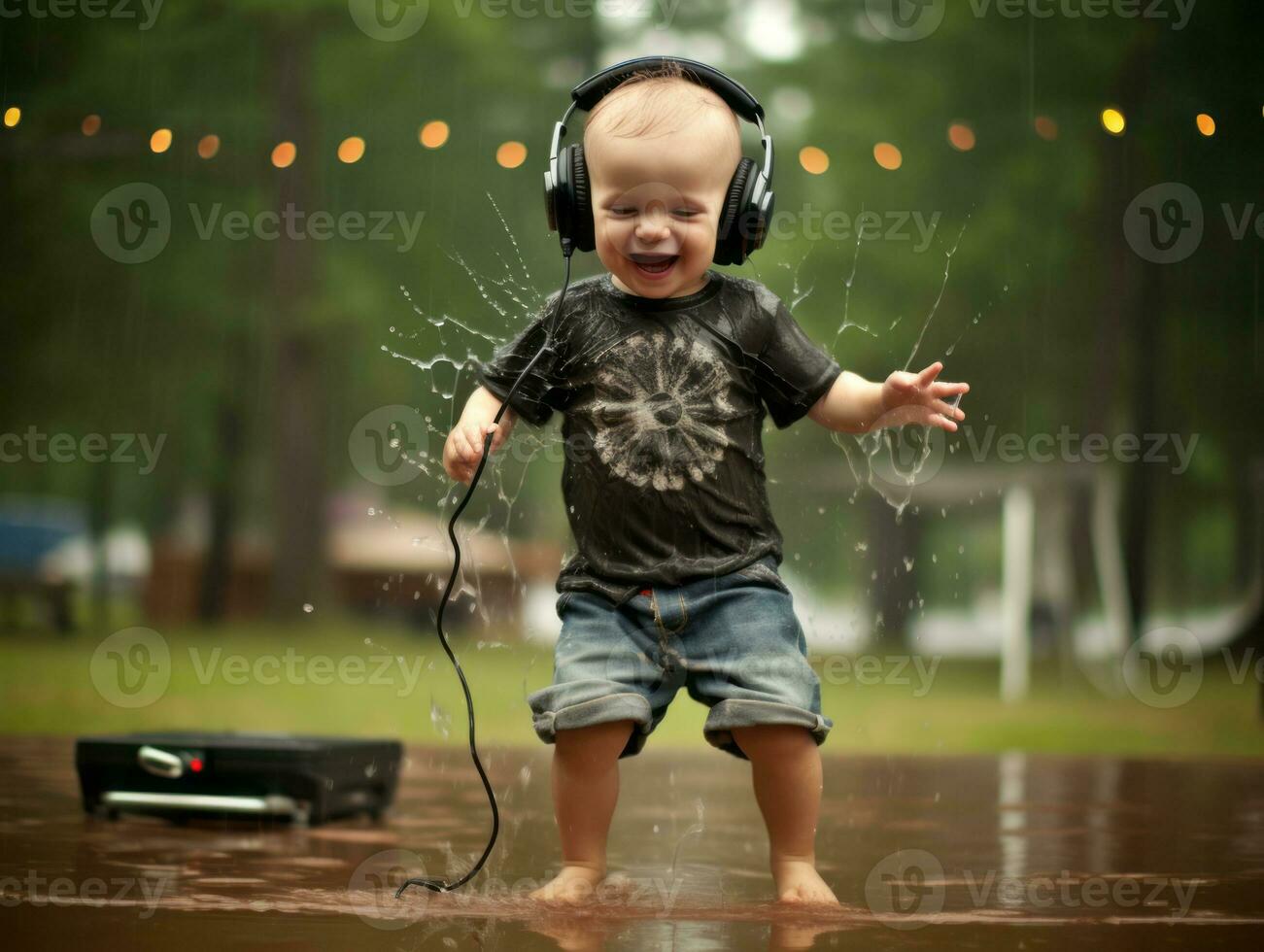 Carefree child joyfully dances in the refreshing rain AI Generative photo