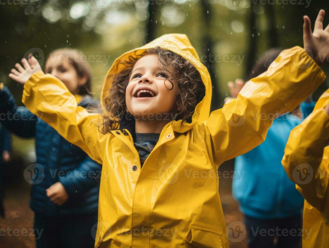 Carefree child joyfully dances in the refreshing rain AI Generative photo