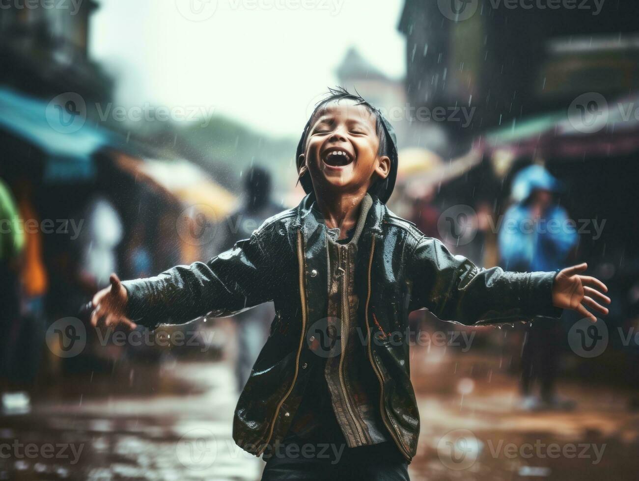 Carefree child joyfully dances in the refreshing rain AI Generative photo