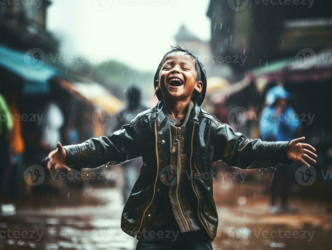 despreocupado niño alegremente bailes en el refrescante lluvia ai generativo foto