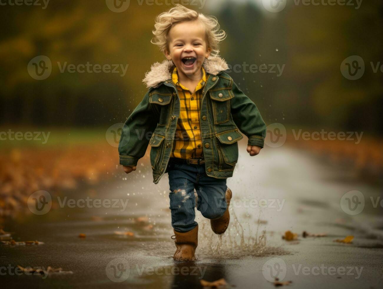 Carefree child joyfully dances in the refreshing rain AI Generative photo