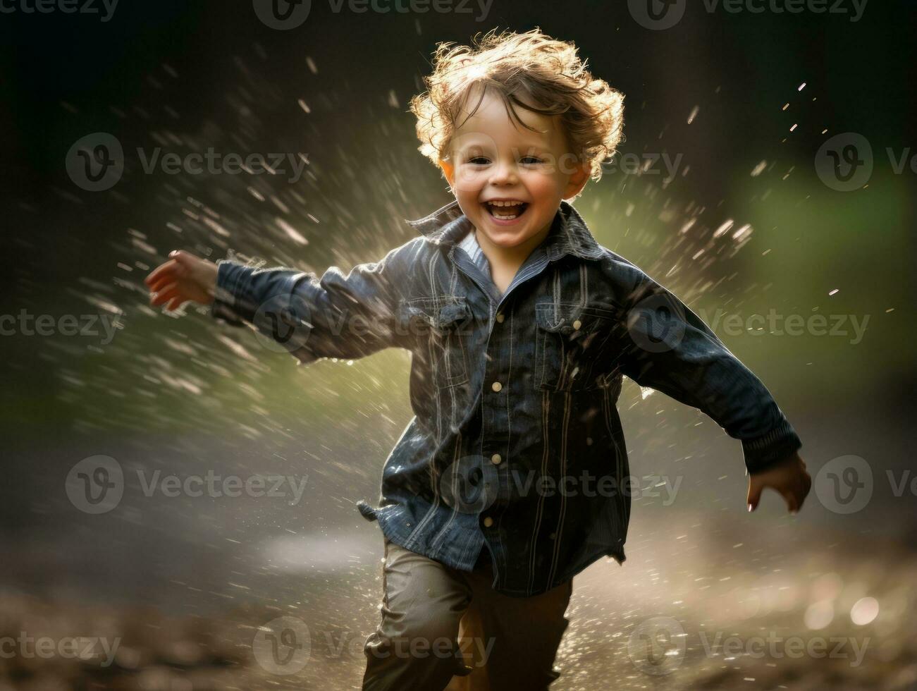 Carefree child joyfully dances in the refreshing rain AI Generative photo