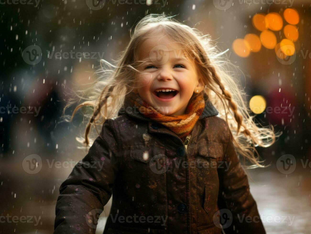 Carefree child joyfully dances in the refreshing rain AI Generative photo