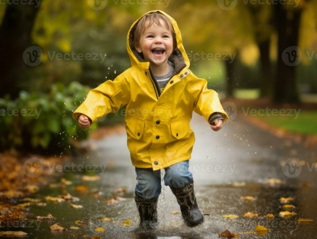 Carefree child joyfully dances in the refreshing rain AI Generative photo
