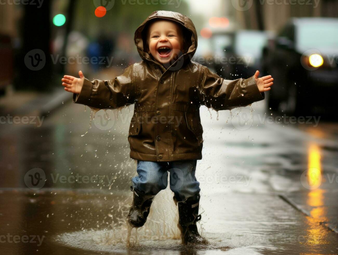 Carefree child joyfully dances in the refreshing rain AI Generative photo