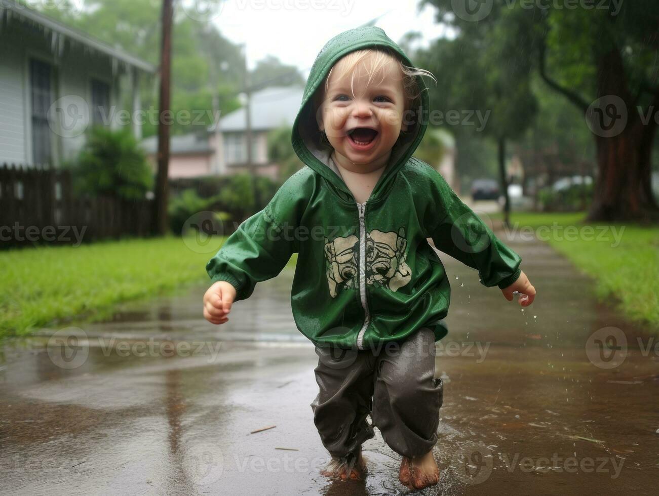 Carefree child joyfully dances in the refreshing rain AI Generative photo