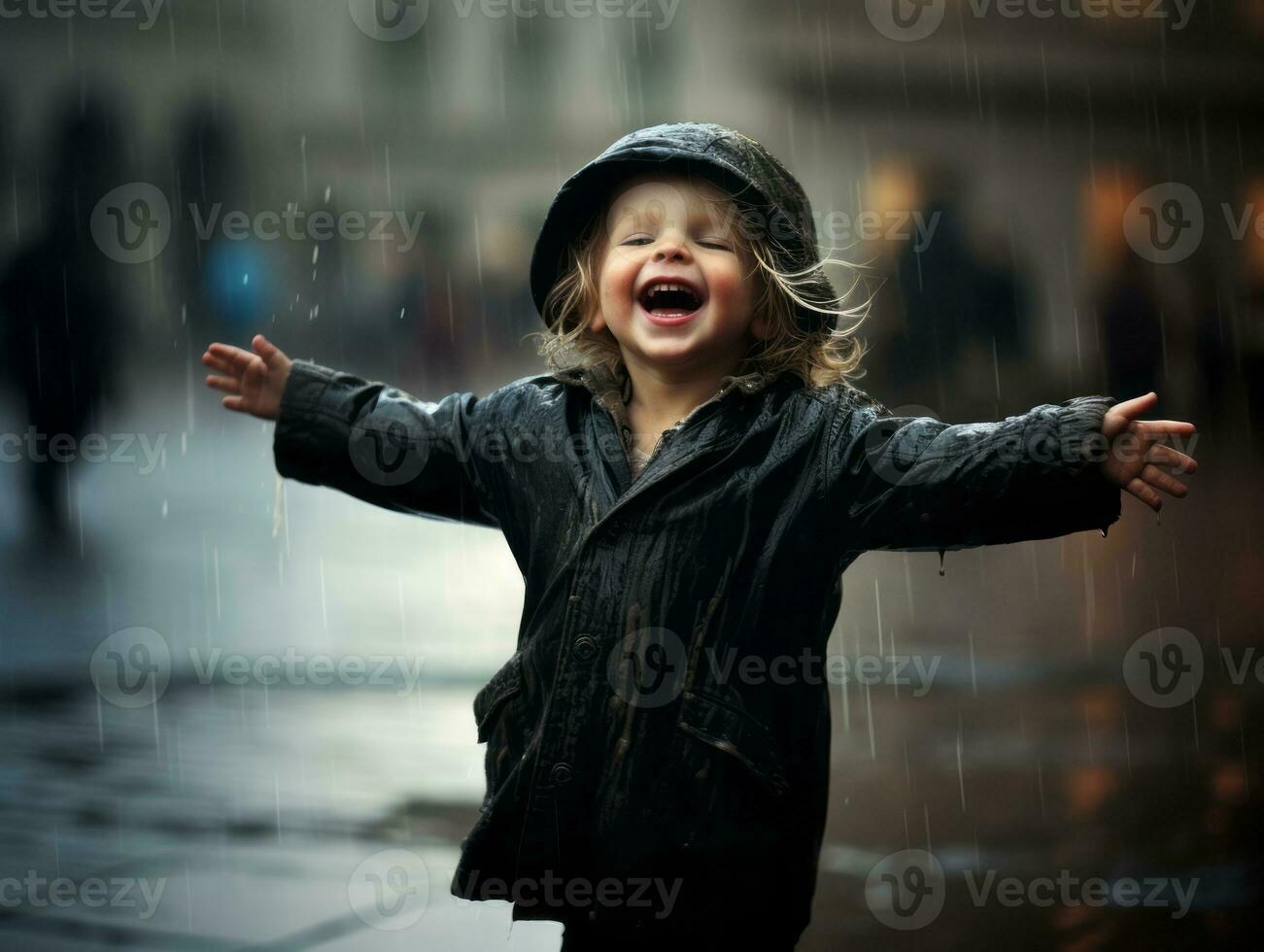 Carefree child joyfully dances in the refreshing rain AI Generative photo