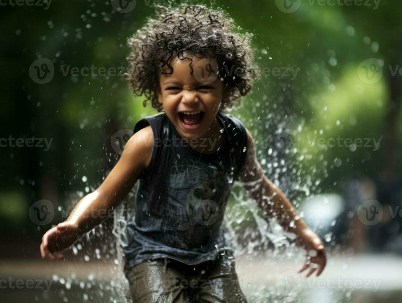Carefree child joyfully dances in the refreshing rain AI Generative photo