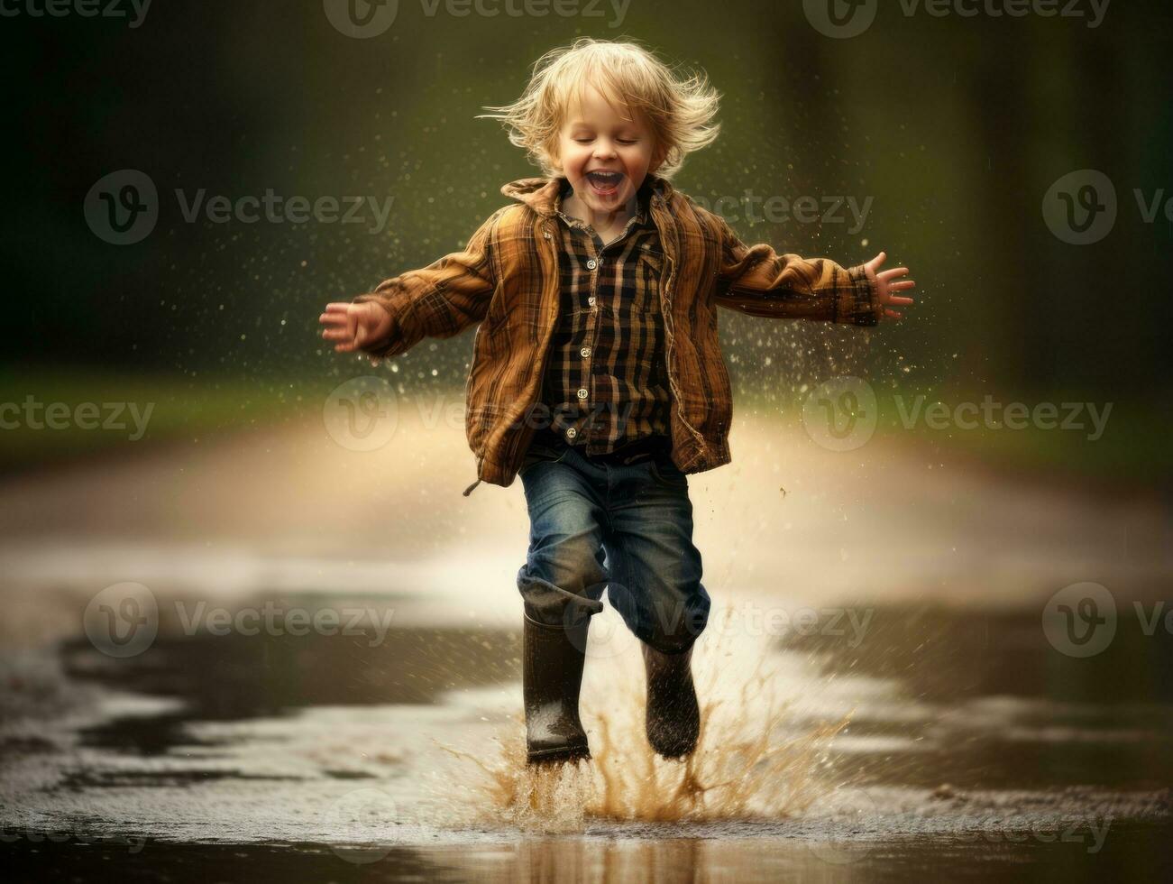 Carefree child joyfully dances in the refreshing rain AI Generative photo