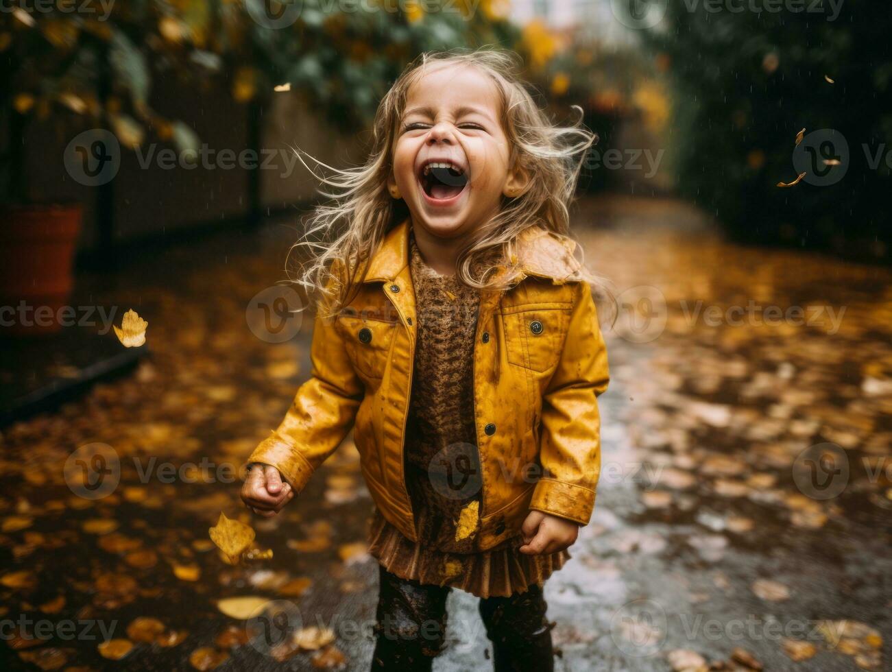 Carefree child joyfully dances in the refreshing rain AI Generative photo