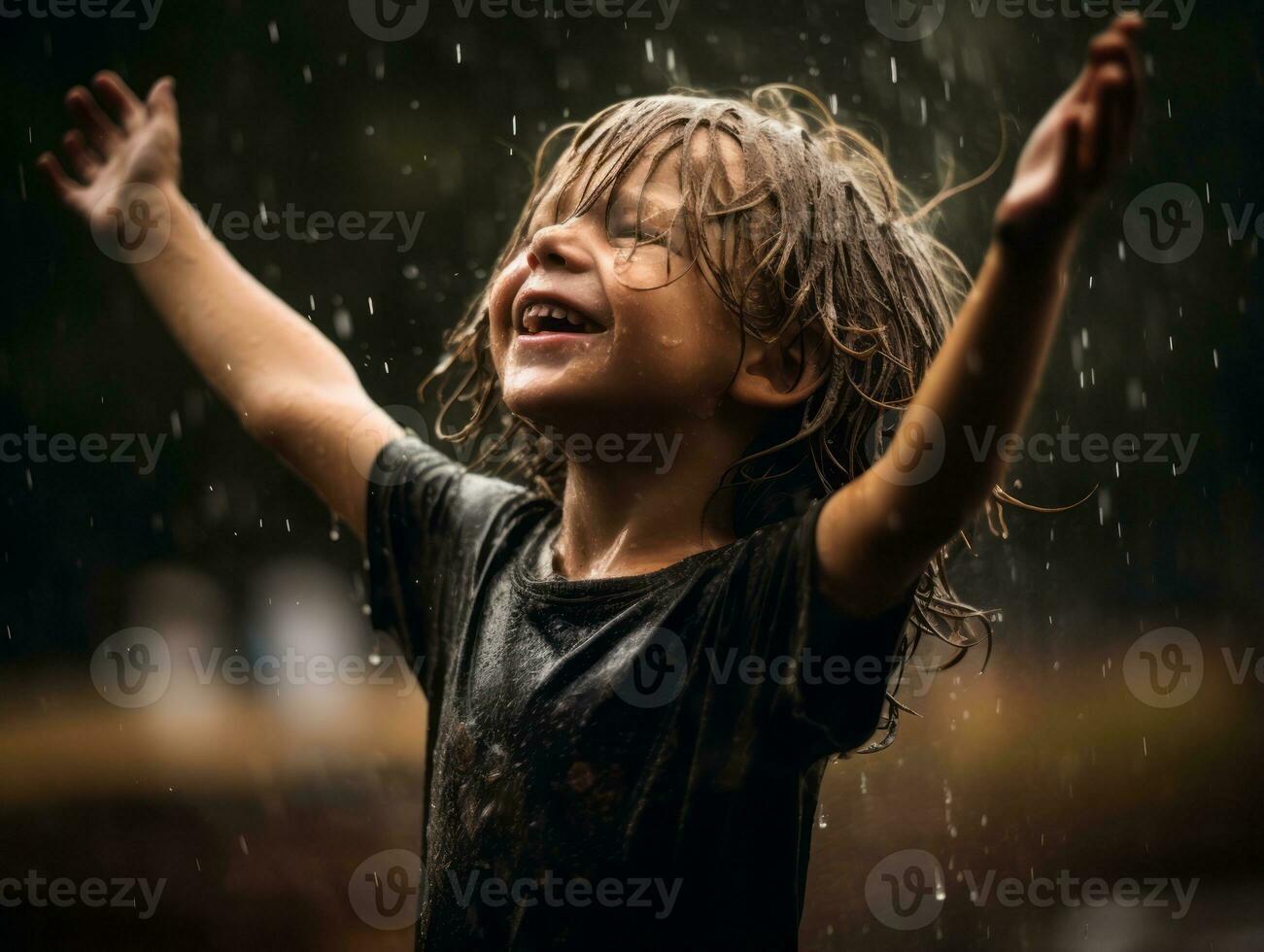 Carefree child joyfully dances in the refreshing rain AI Generative photo