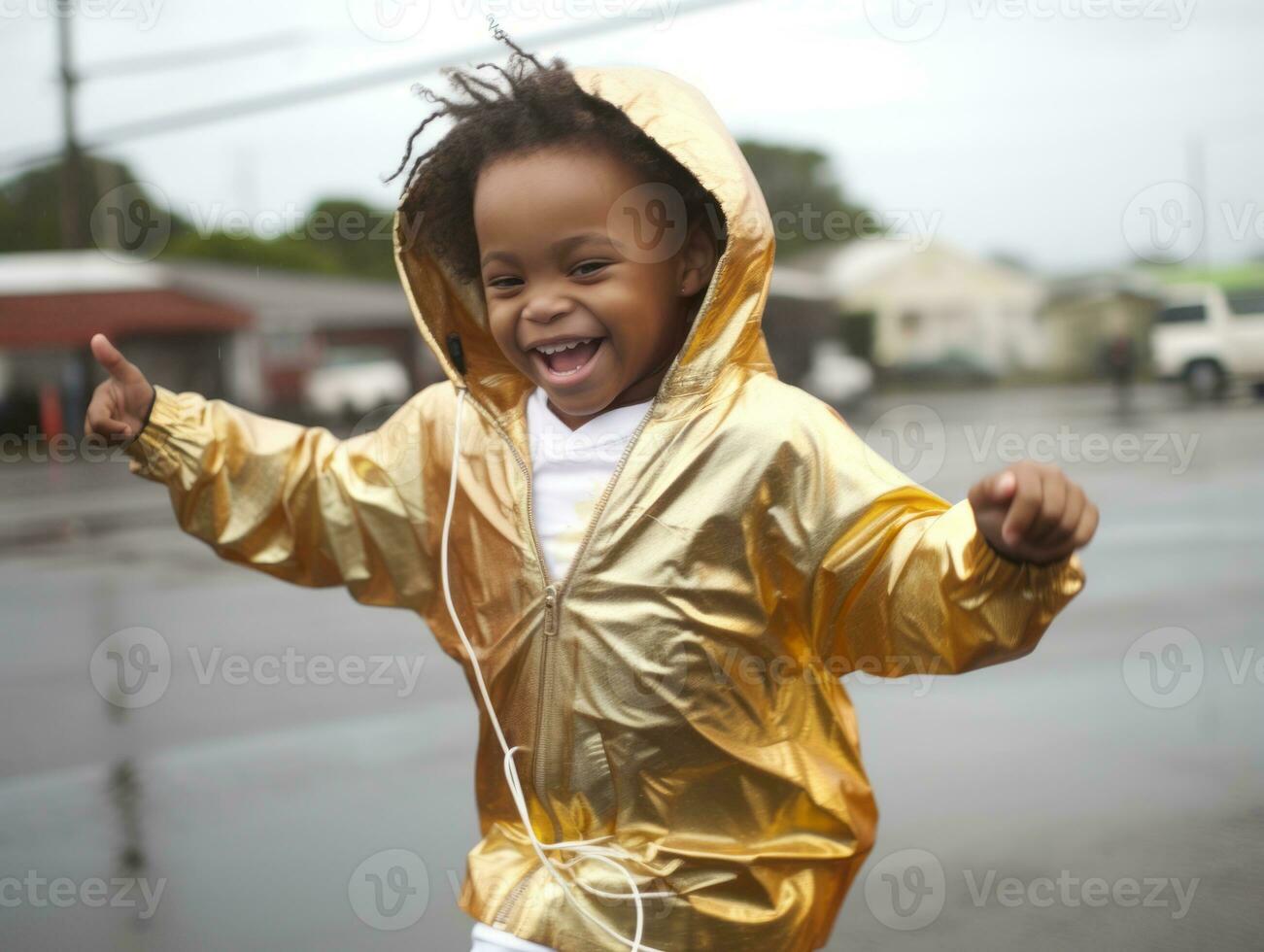 Carefree child joyfully dances in the refreshing rain AI Generative photo