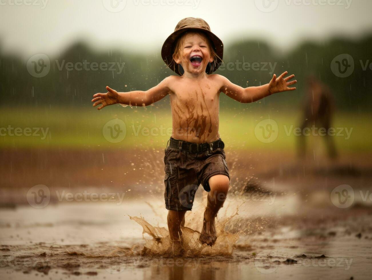 despreocupado niño alegremente bailes en el refrescante lluvia ai generativo foto