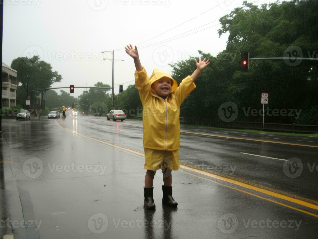 despreocupado niño alegremente bailes en el refrescante lluvia ai generativo foto