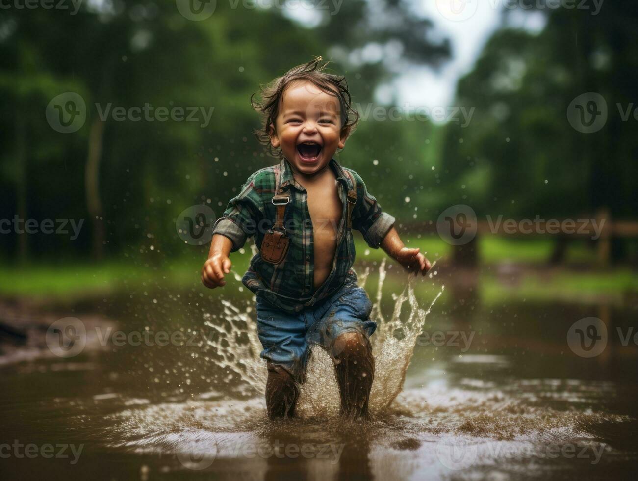 Carefree child joyfully dances in the refreshing rain AI Generative photo