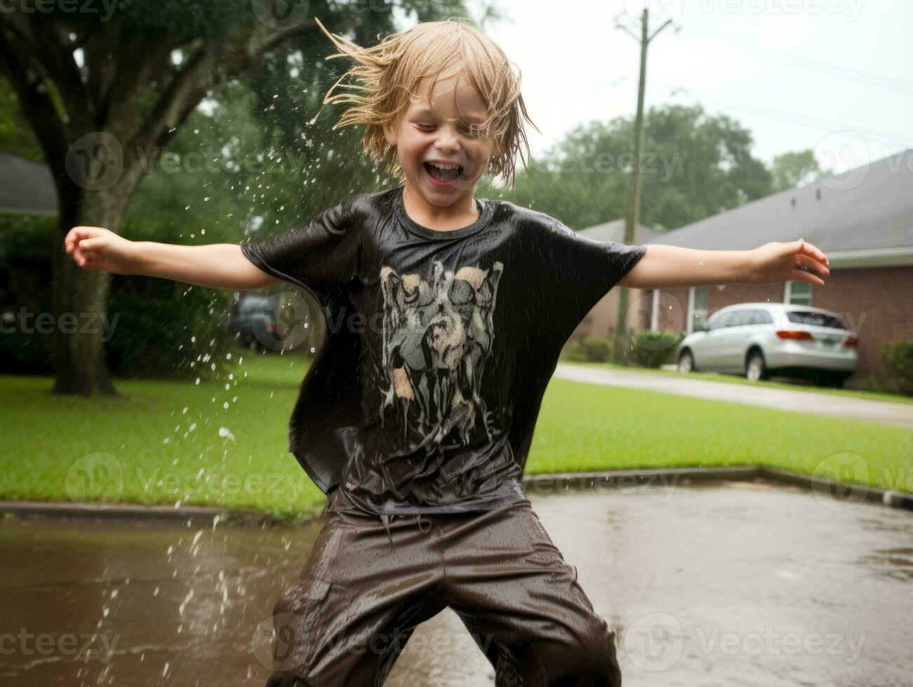 Carefree child joyfully dances in the refreshing rain AI Generative photo