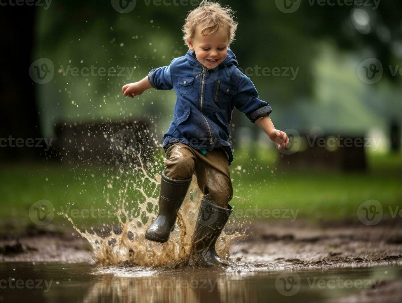 Carefree child joyfully dances in the refreshing rain AI Generative photo