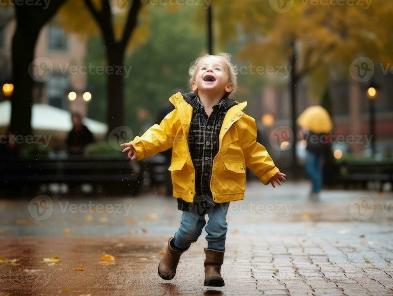 Carefree child joyfully dances in the refreshing rain AI Generative photo