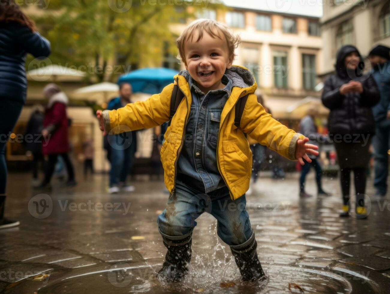 Carefree child joyfully dances in the refreshing rain AI Generative photo