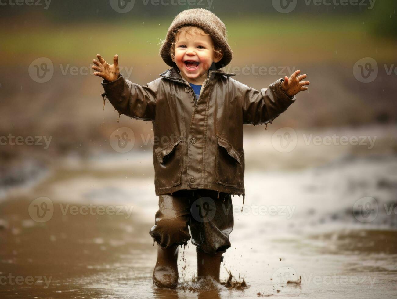 Carefree child joyfully dances in the refreshing rain AI Generative photo