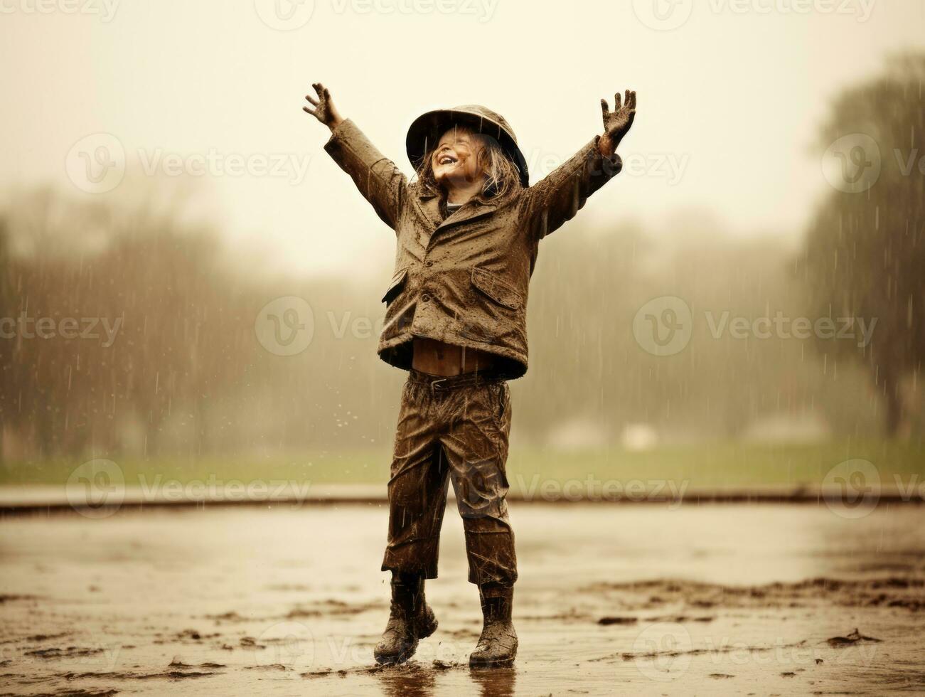 Carefree child joyfully dances in the refreshing rain AI Generative photo