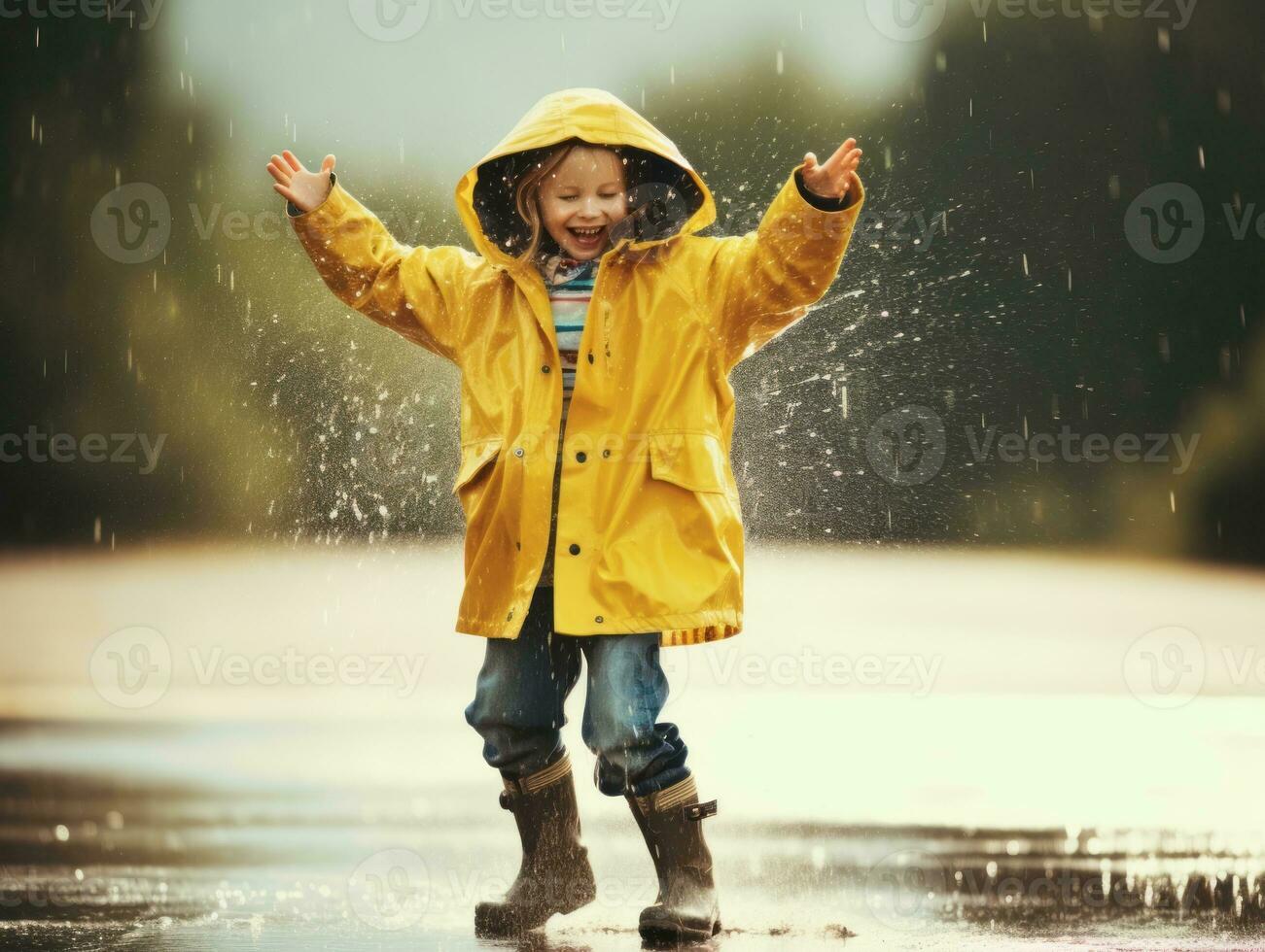 Carefree child joyfully dances in the refreshing rain AI Generative photo