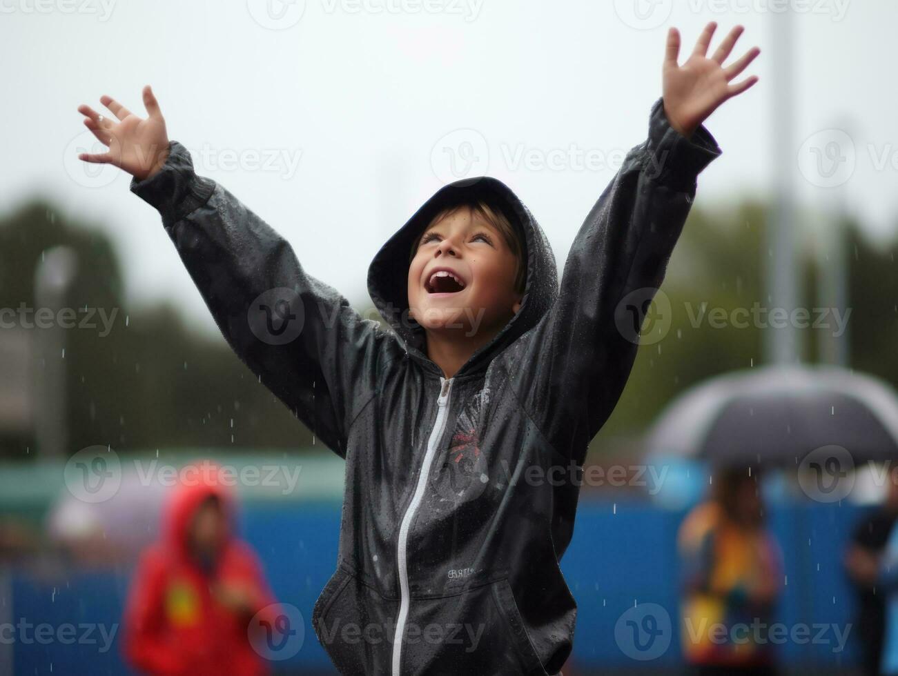 Carefree child joyfully dances in the refreshing rain AI Generative photo