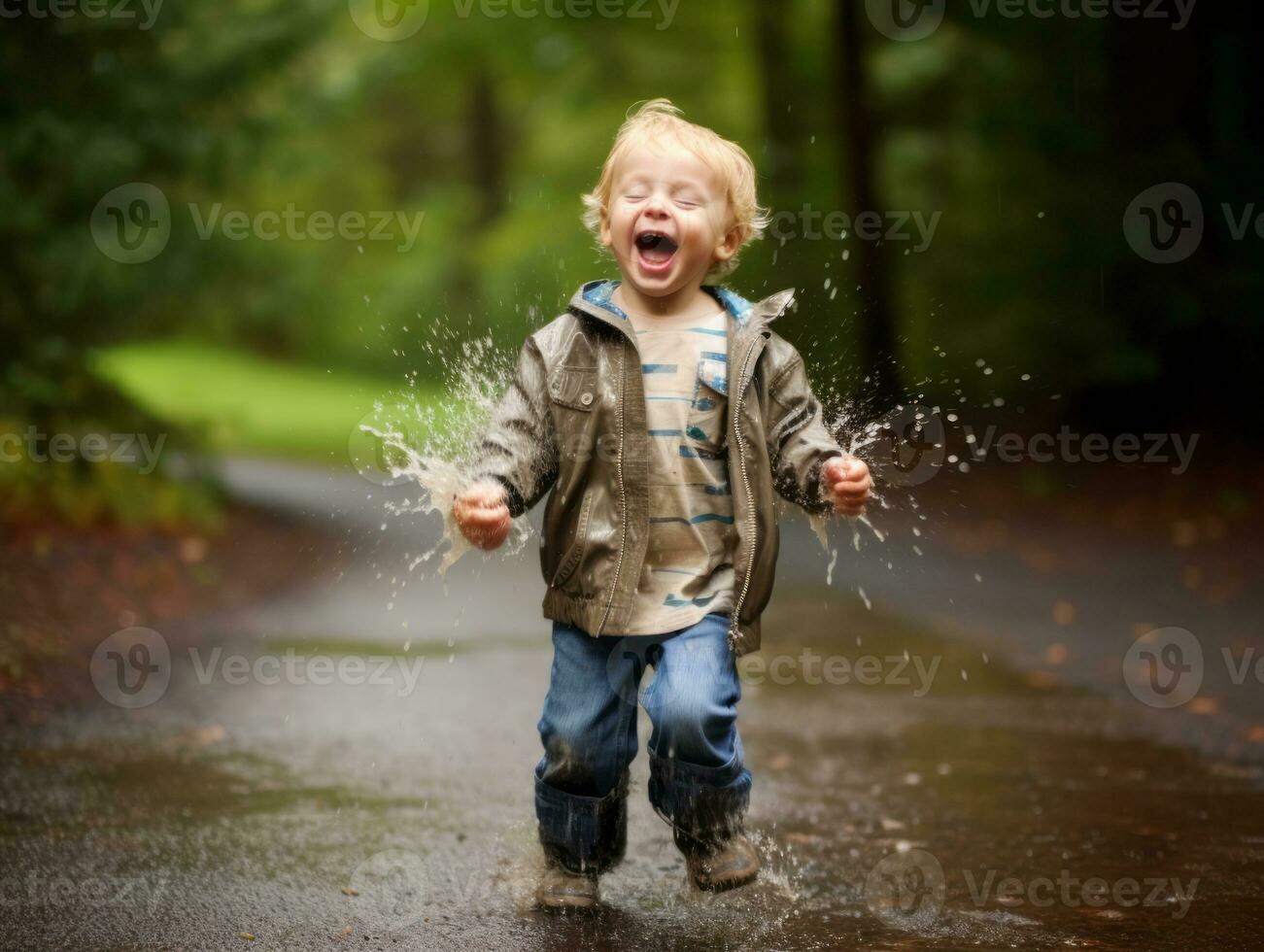 Carefree child joyfully dances in the refreshing rain AI Generative photo