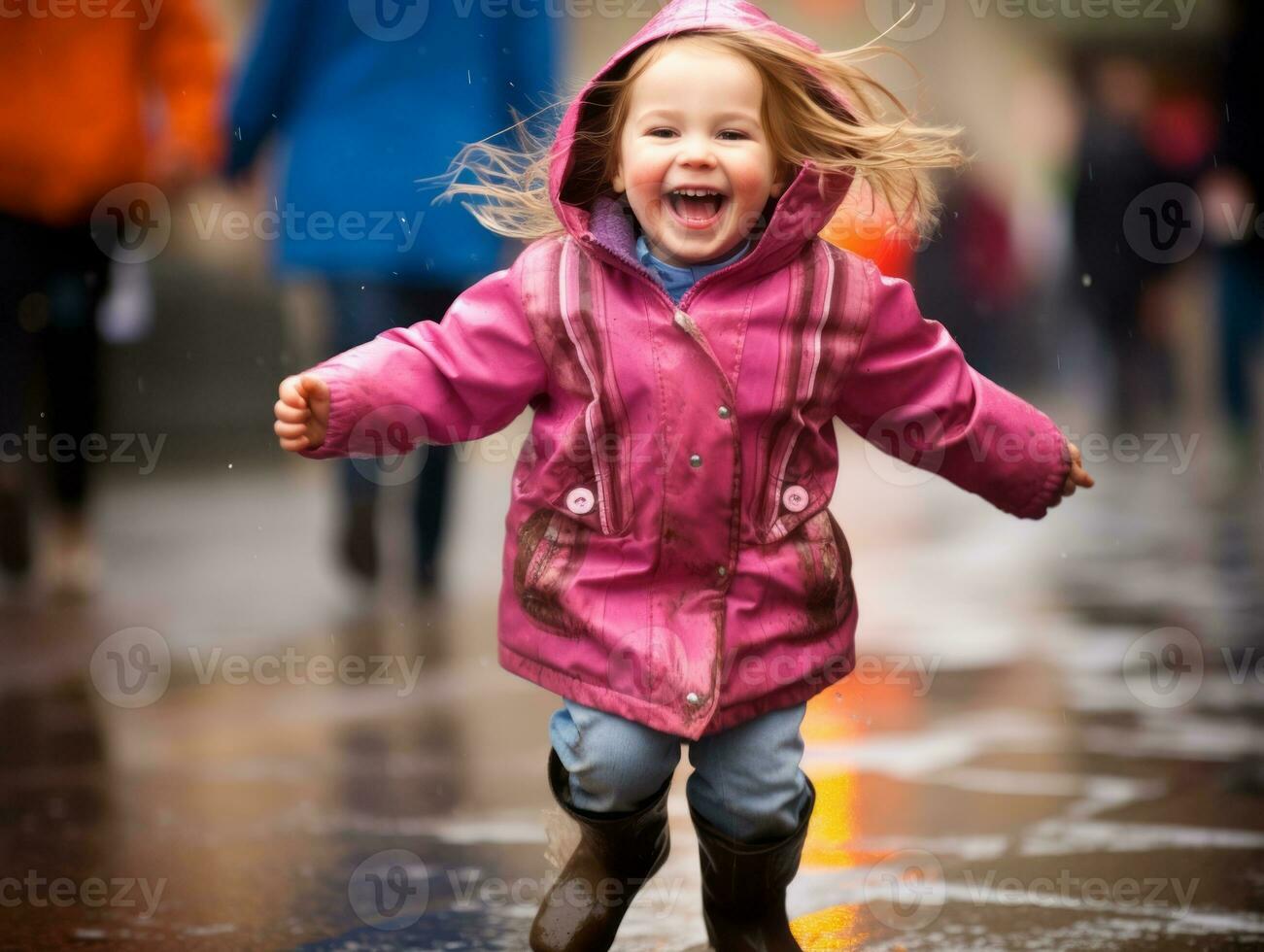 Carefree child joyfully dances in the refreshing rain AI Generative photo