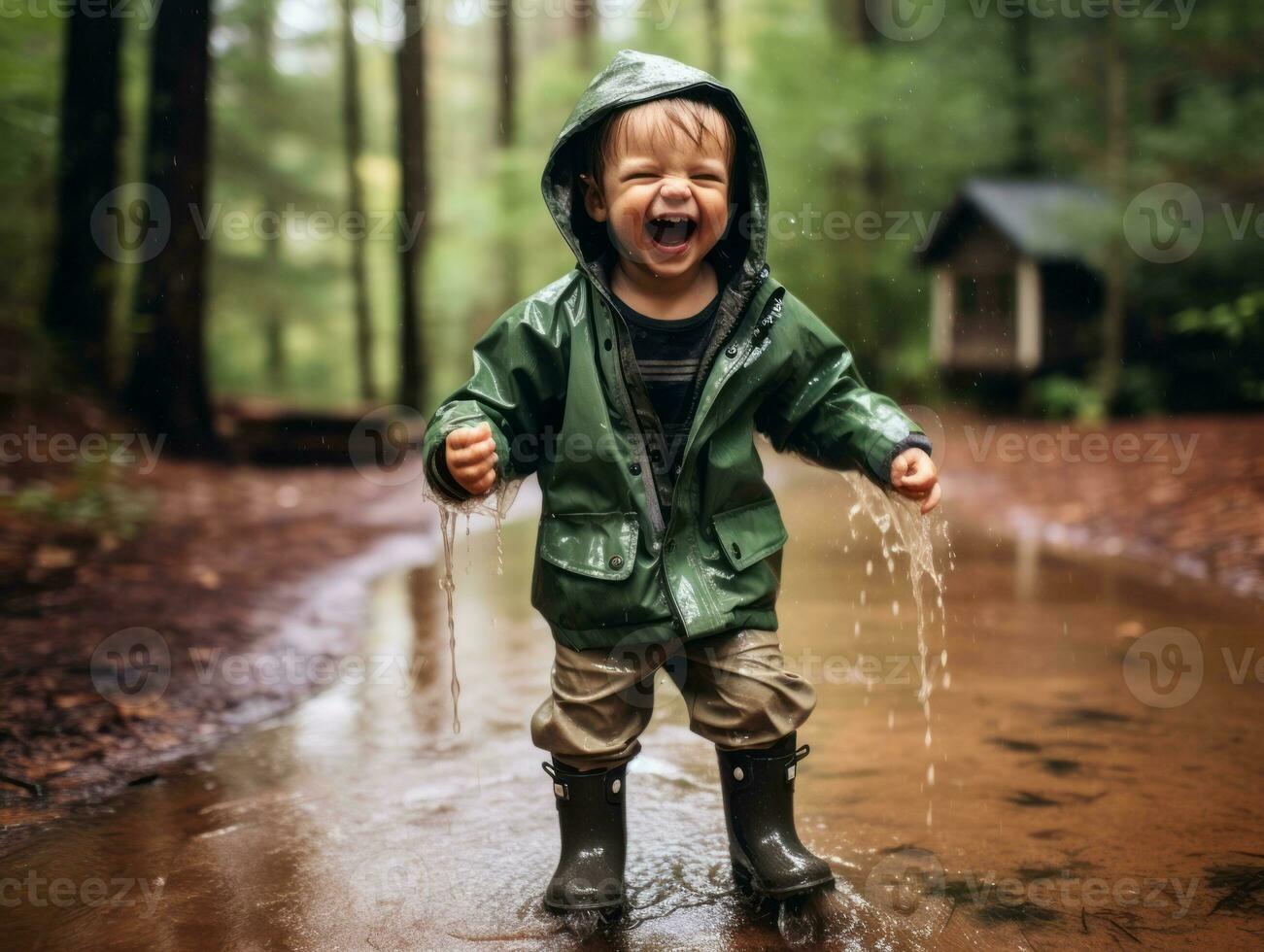 Carefree child joyfully dances in the refreshing rain AI Generative photo