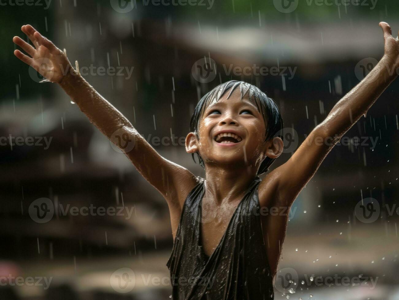 Carefree child joyfully dances in the refreshing rain AI Generative photo