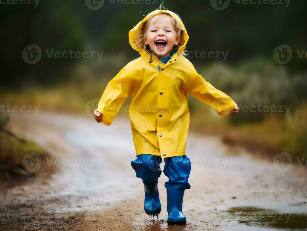 Carefree child joyfully dances in the refreshing rain AI Generative photo