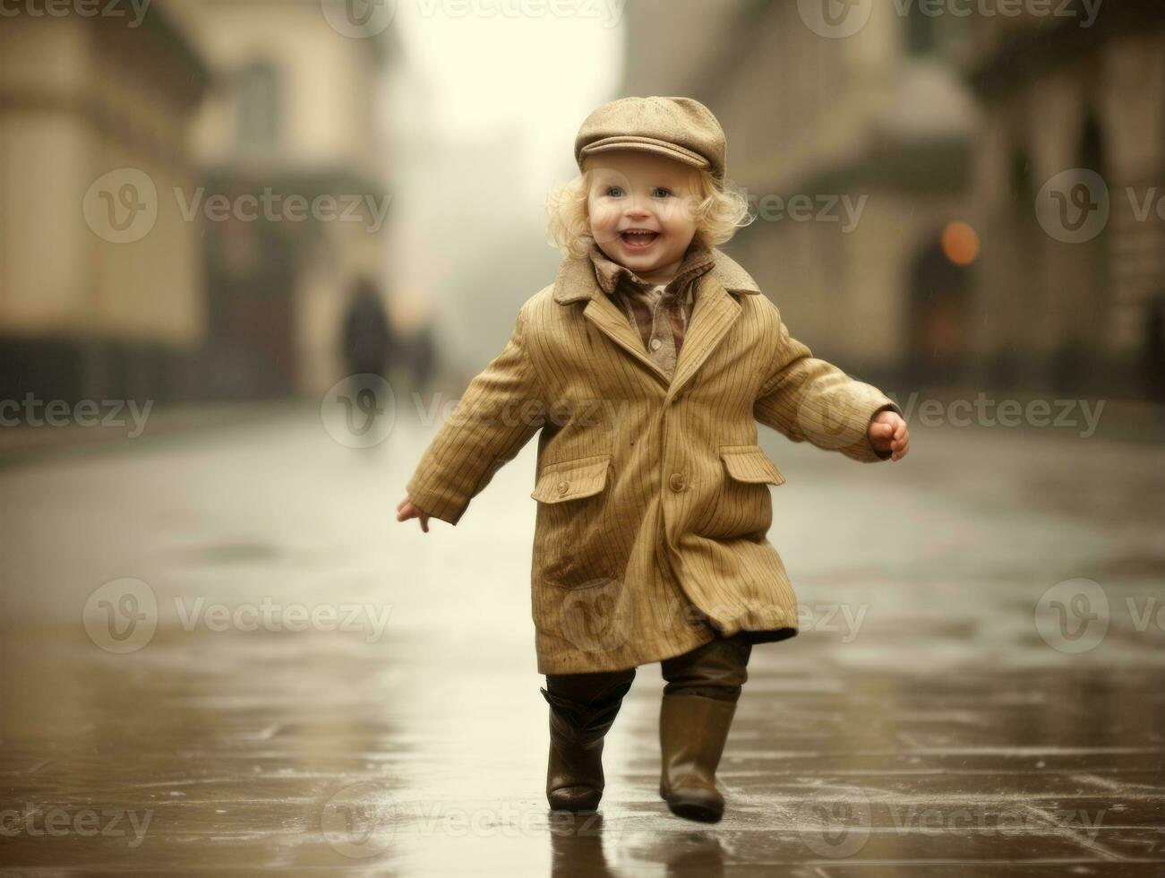 Carefree child joyfully dances in the refreshing rain AI Generative photo