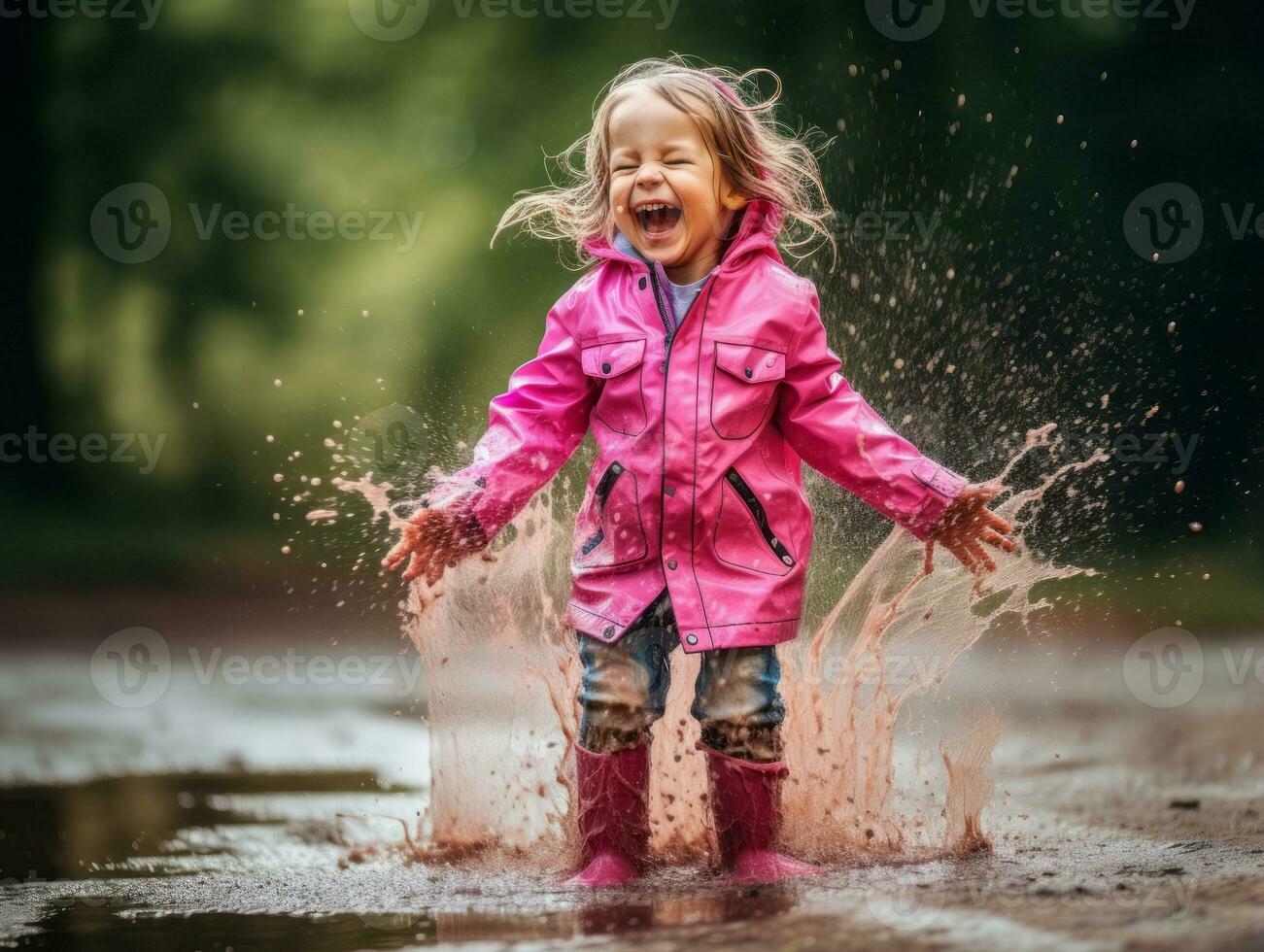 Carefree child joyfully dances in the refreshing rain AI Generative photo