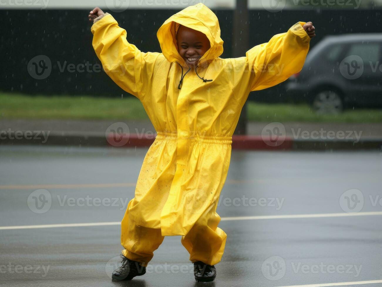 Carefree child joyfully dances in the refreshing rain AI Generative photo