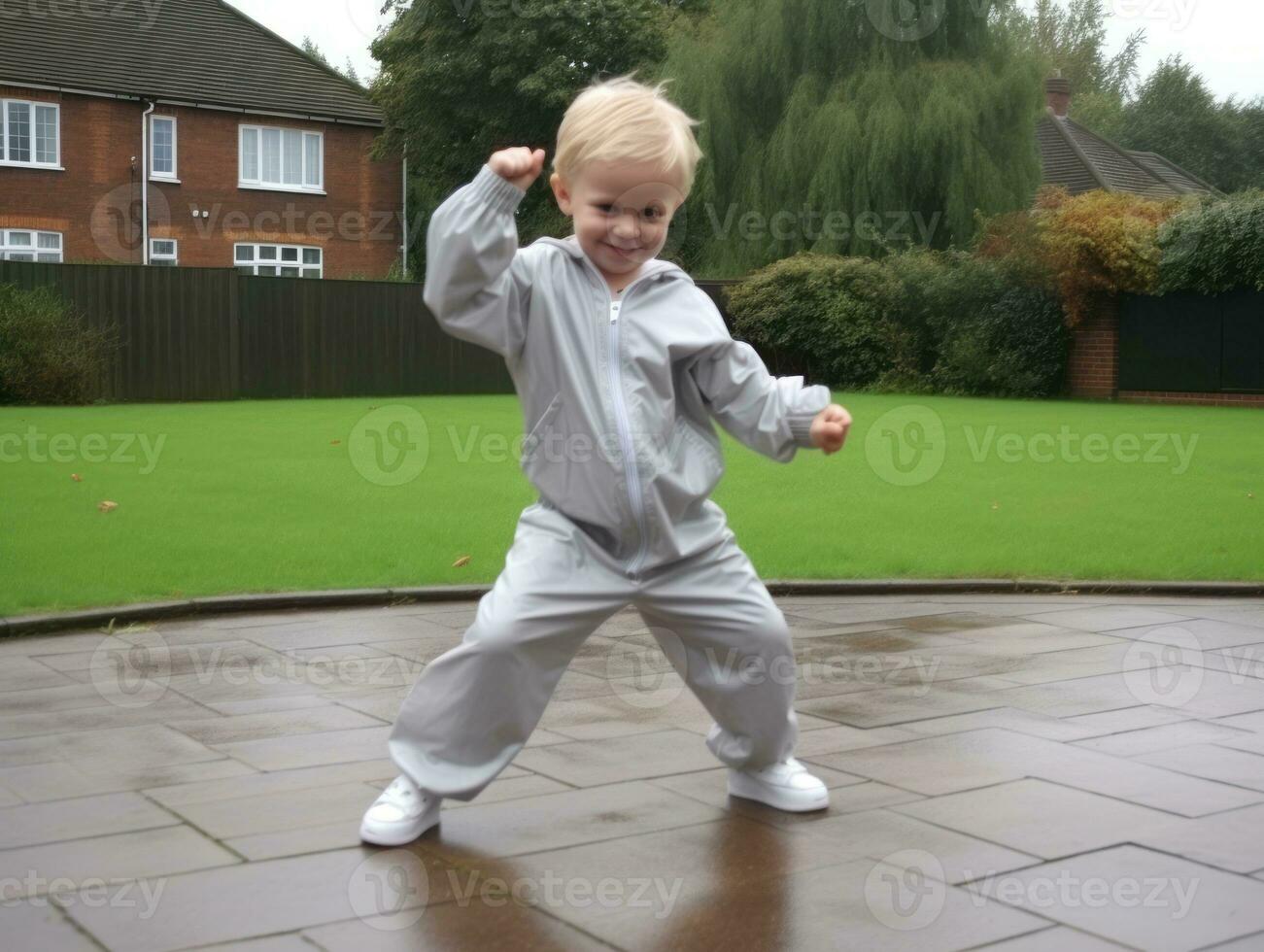 Carefree child joyfully dances in the refreshing rain AI Generative photo