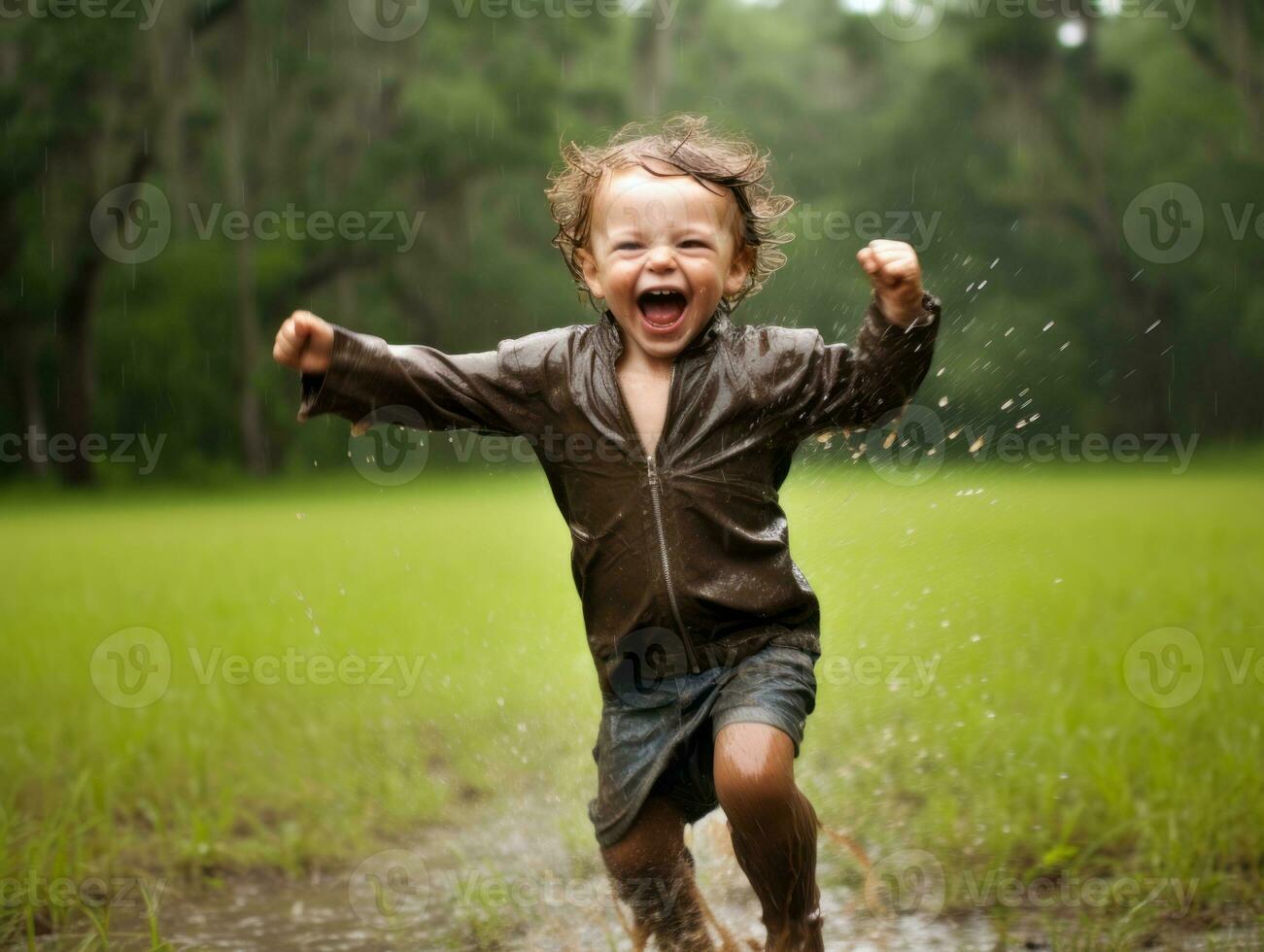 Carefree child joyfully dances in the refreshing rain AI Generative photo
