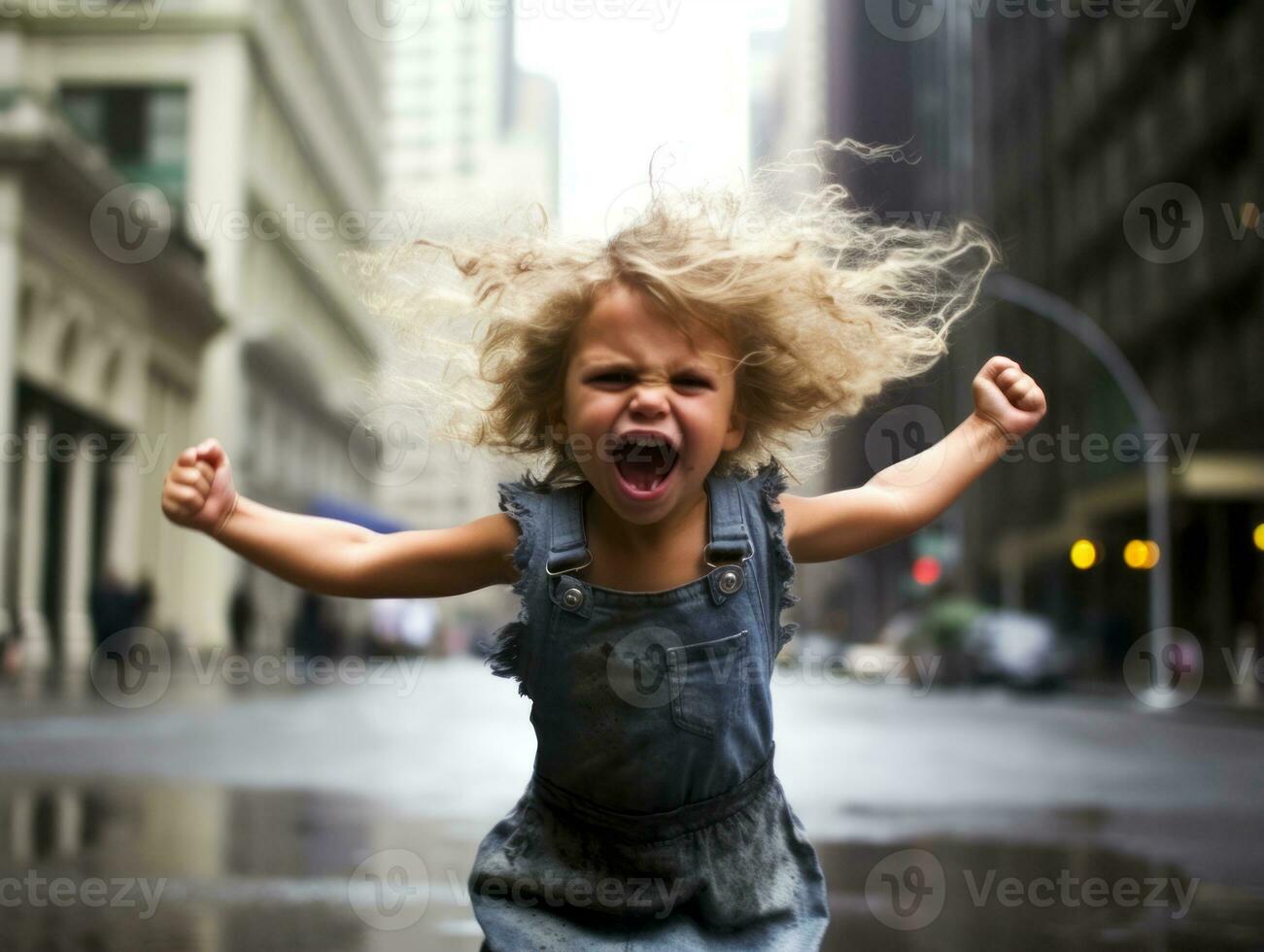 Carefree child joyfully dances in the refreshing rain AI Generative photo